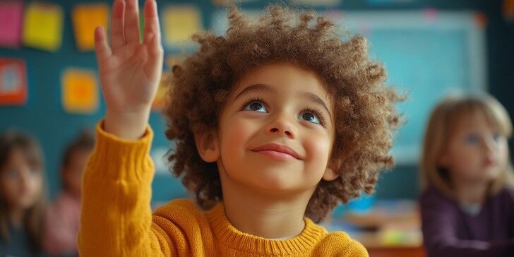 Smiling young boy with curly hair and yellow shirt raising his hand in a classroom
