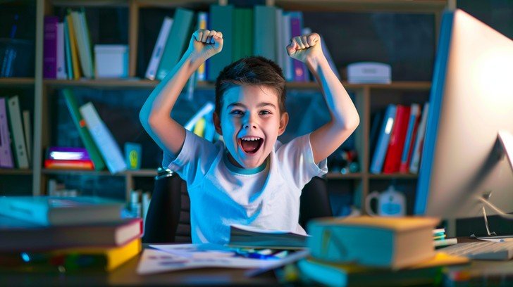 Smiling boy in white t-shirt, aged 7-9, sits behind desk with computer monitor, books, and papers, with both of his fists raised above his head in triumph